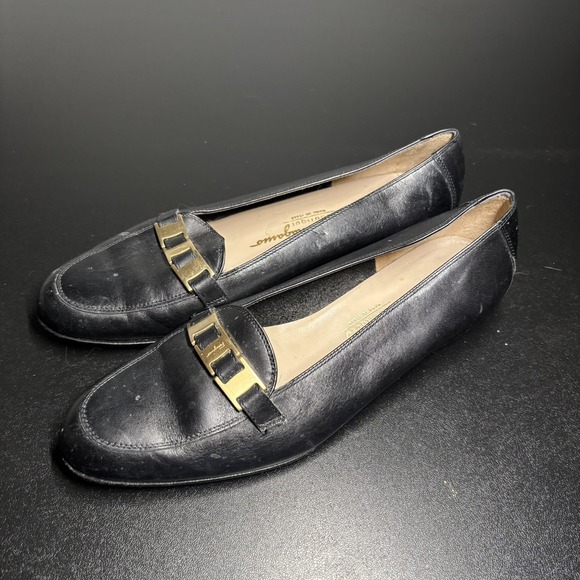 Salvatore Ferragamo Boutique Womens Black Leather Mule Loafer Gold‎ Size 8B